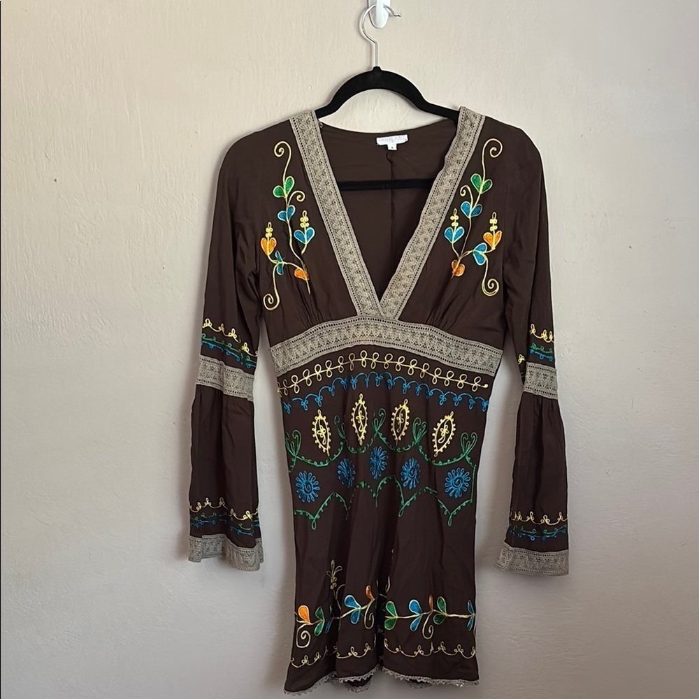 Vintage Debbie Katz Brown Embroidered V-Neck Dress size small